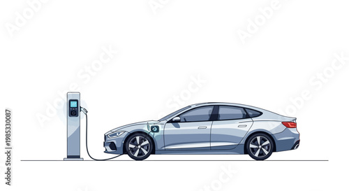 Electric car charging at a station on a white background