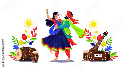 Indian couple dancing joyfully, surrounded by festive elements and musical instruments