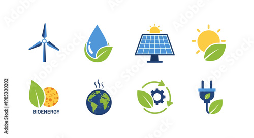 Set of renewable energy icons including solar and wind power