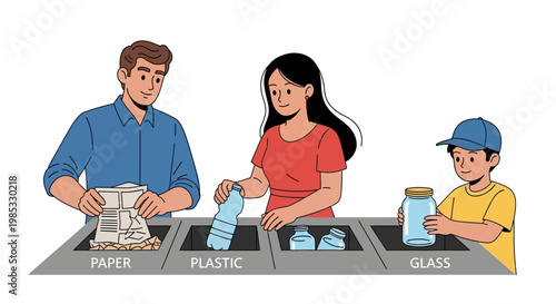 Family sorting recyclables into paper, plastic, and glass bins