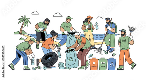 Group of diverse volunteers cleaning beach environment with recycling bins