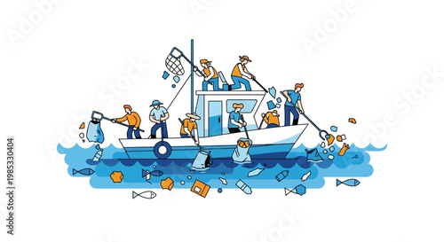Illustration of Fishermen Collecting Ocean Waste on a Boat