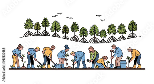 Group of diverse people planting trees in a community garden