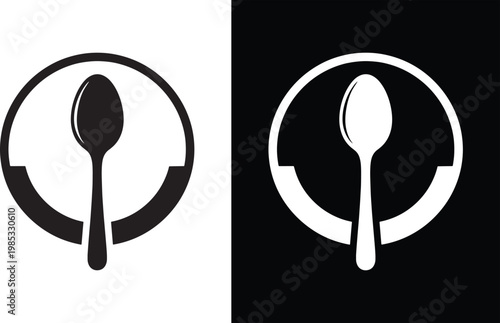 Spoon inside a circle food and culinary concept icon black and white culinary illustration restaurant nutrition appetite delicious flatware minimalist abstract contrast