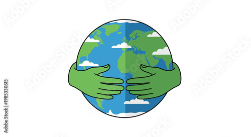 Earth illustration with green hands embracing the planet