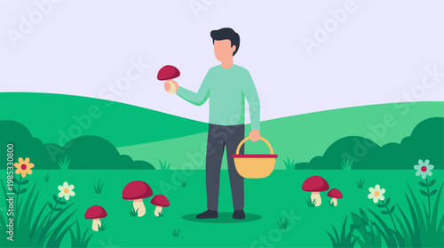 Man picking red mushrooms in a green field with a basket, illustration
