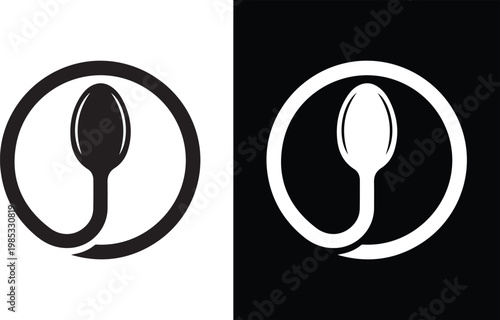 Black and white illustration of a spoon within a circle with restaurant illustration minimalist silhouette isolated background gastronomy culinary ingredients appetite nutrition