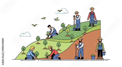 Farmers planting trees on a terraced hillside with clear sky