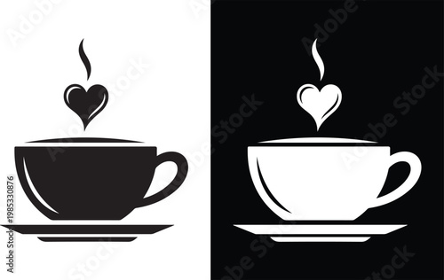 Hot cup of coffee with a heart steam and saucer beverage caffeine breakfast illustration contrast minimalist enjoyment refreshment restaurant