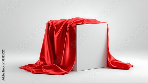 White cube covered with red silk fabric isolated on white background