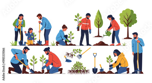 People Planting Trees and Gardening in Various Outdoor Scenes