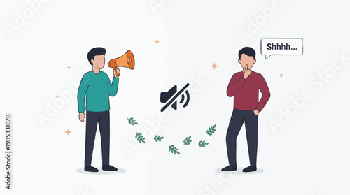 Request for Silence: Man Shushing a Loudspeaker User with Mute Icon