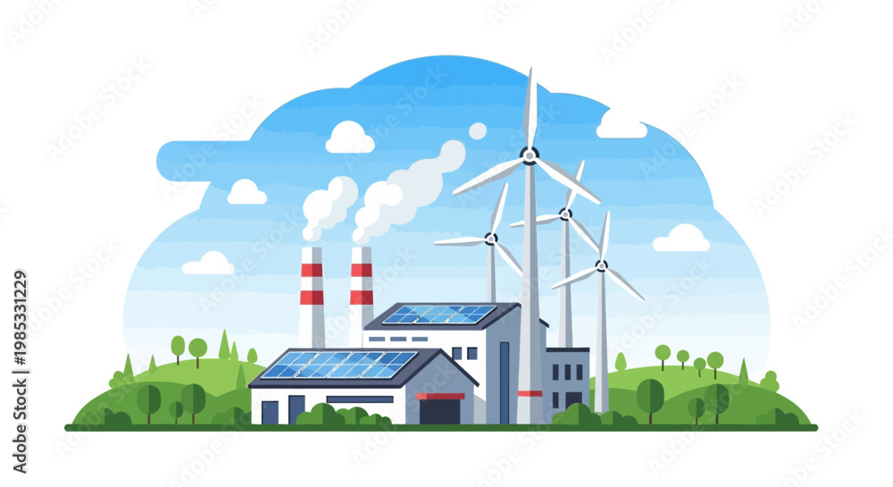 Obraz premium Eco-friendly power plant with wind turbines and solar panels