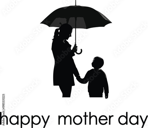 2026 Happy Mother's Day Silhouette  Minimalist Black and White Illustration of a Loving Mother and Son Under an Umbrella