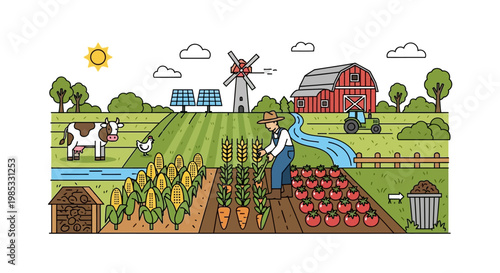 Colorful illustration of a sustainable farm with windmill and solar panels