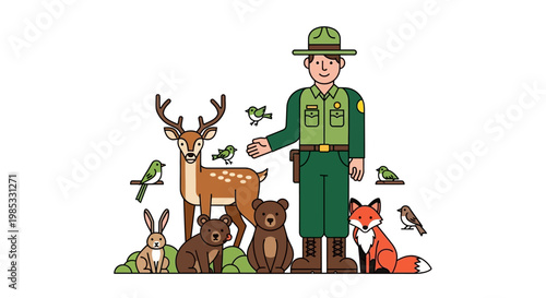 Park ranger with forest animals in a cartoon style illustration