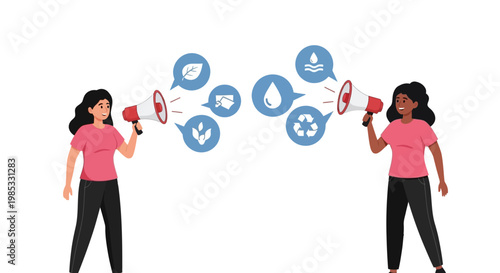 Two women discussing environmental issues with megaphones and eco icons