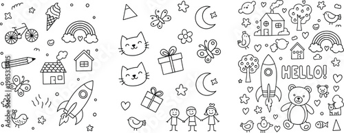 Hand drawn cute doodle collection for kids featuring rockets rainbows cats houses and stars in a simple black and white sketch style for nursery