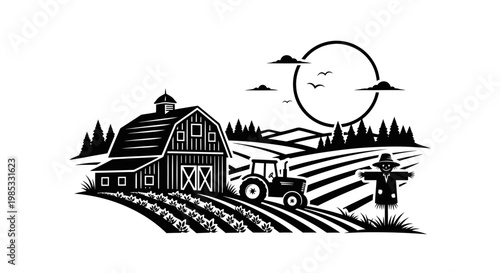Farm Landscape Illustration: Barn, Tractor, Scarecrow, Fields, Sunset