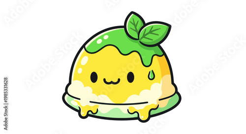 Cute Kawaii Ice Cream Dessert with Green Mint Topping and Leaves