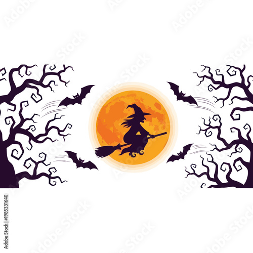 Halloween Witch Flying Silhouette on Broomstick with Full Moon and Bats