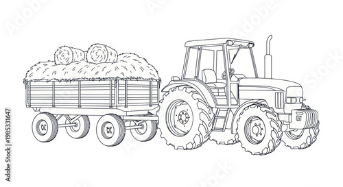 Line Art Tractor Pulling Hay Trailer with Bales