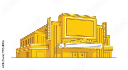 Retro Cinema Building with Marquee and Neon Signs, Yellow Color Scheme
