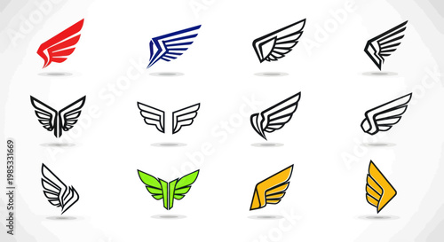 Set of Diverse Wing Icons, Symbols, and Emblems