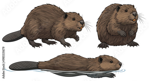Three Beavers in Different Poses: Standing, Sitting, and Swimming