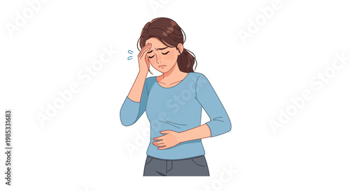 Woman feeling unwell with headache and stomach ache, isolated on white background.