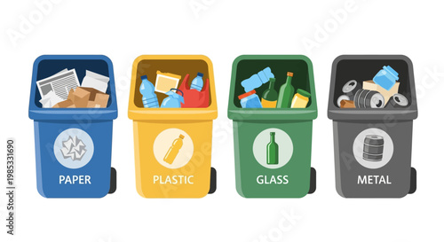 Colorful recycling bins for paper, plastic, glass, and metal waste