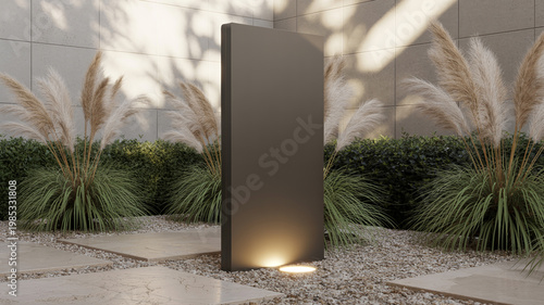 Großes schwarzes Werbeschild im modernen Garten mit LED-Spot