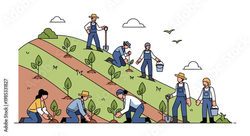 Farmers planting seedlings on a hillside in a vector illustration