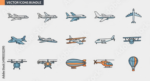 Collection of diverse aircraft icons in a vector bundle.