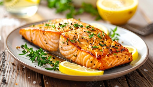 Delectable Salmon Plate: A perfectly cooked salmon fillet, seasoned with herbs and spices, rests invitingly on a plate, garnished with lemon slices, a culinary delight.