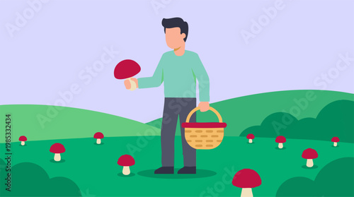 Illustration of a man mushroom picking in a grassy field with a basket