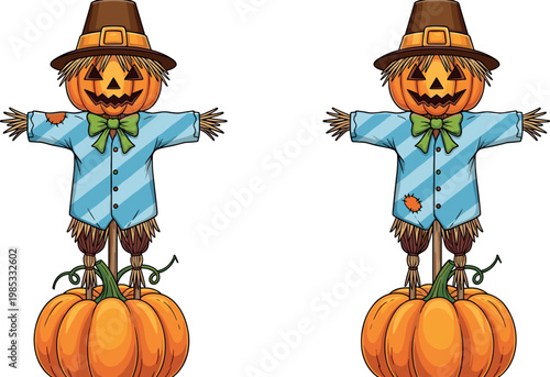 Halloween Scarecrow with Pumpkin Head and Pilgrim Hat on Large Gourd for Autumn Harvest Festival, Thanksgiving Decorations, and Seasonal Fall Vector Illustration Projects