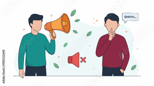Man with megaphone shouting versus man signaling silence, quiet concept