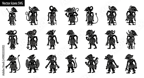 Indonesian Wayang Kulit Shadow Puppets Vector Icons Set