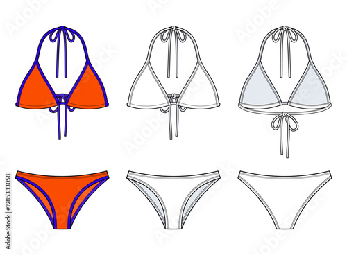 Triangle Bikini Set technical fashion illustration. swimwear vector template. front and back view. halter tie bikini top. low rise bikini bottom. contrast binding detail. women beachwear. CAD mockup.