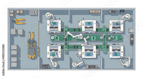 Automated Manufacturing Assembly Line with Robotic Arms.