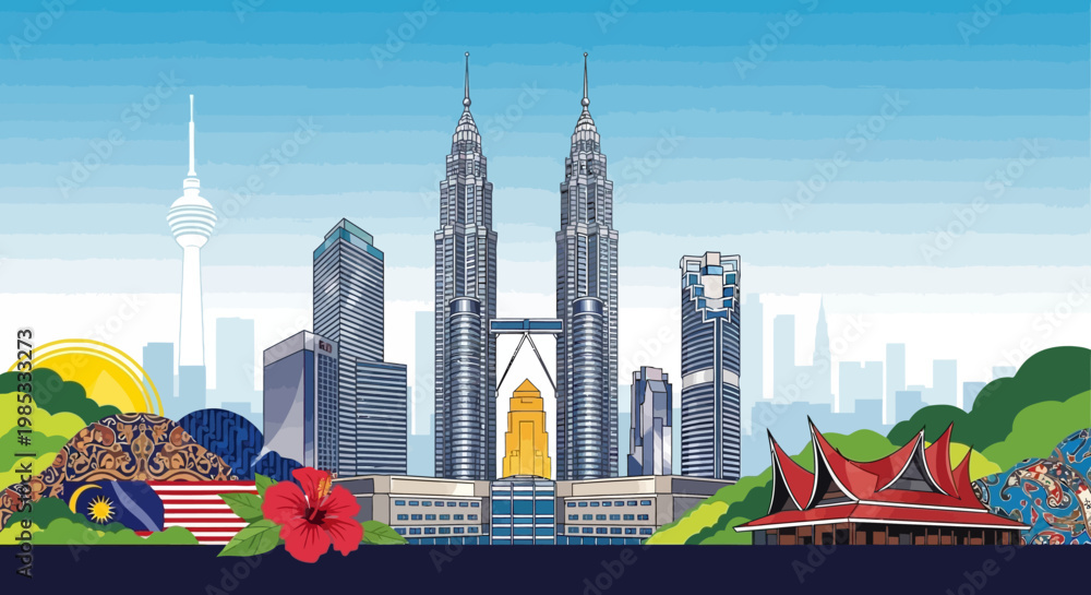 Fototapeta premium Kuala Lumpur Skyline Panorama with Petronas Towers, Malaysia Landmarks, Tropical Scenery