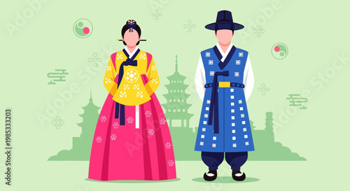 Korean Couple in Traditional Hanbok Clothes, Culture and Heritage