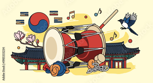 Korean Traditional Music and Culture Illustration: Drum, Magpie, Taegeuk