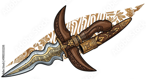 Kris Dagger with Ornate Sheath and Handle, Traditional Indonesian Weapon