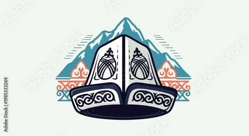 Kyrgyz Traditional Kalpak Hat with Mountains and Ornaments