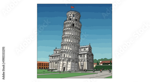 Leaning Tower of Pisa illustration. Famous Italian landmark in clear blue sky.