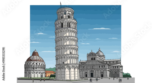 Leaning Tower of Pisa, Italy - Famous Landmark Building Illustration