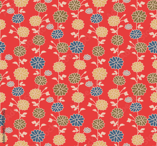 Japanese Flower Leaf Stripe Vector Seamless Pattern
