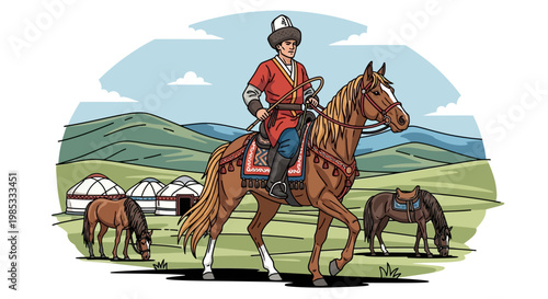 Man in traditional Kyrgyz attire riding horse near yurts and mountains